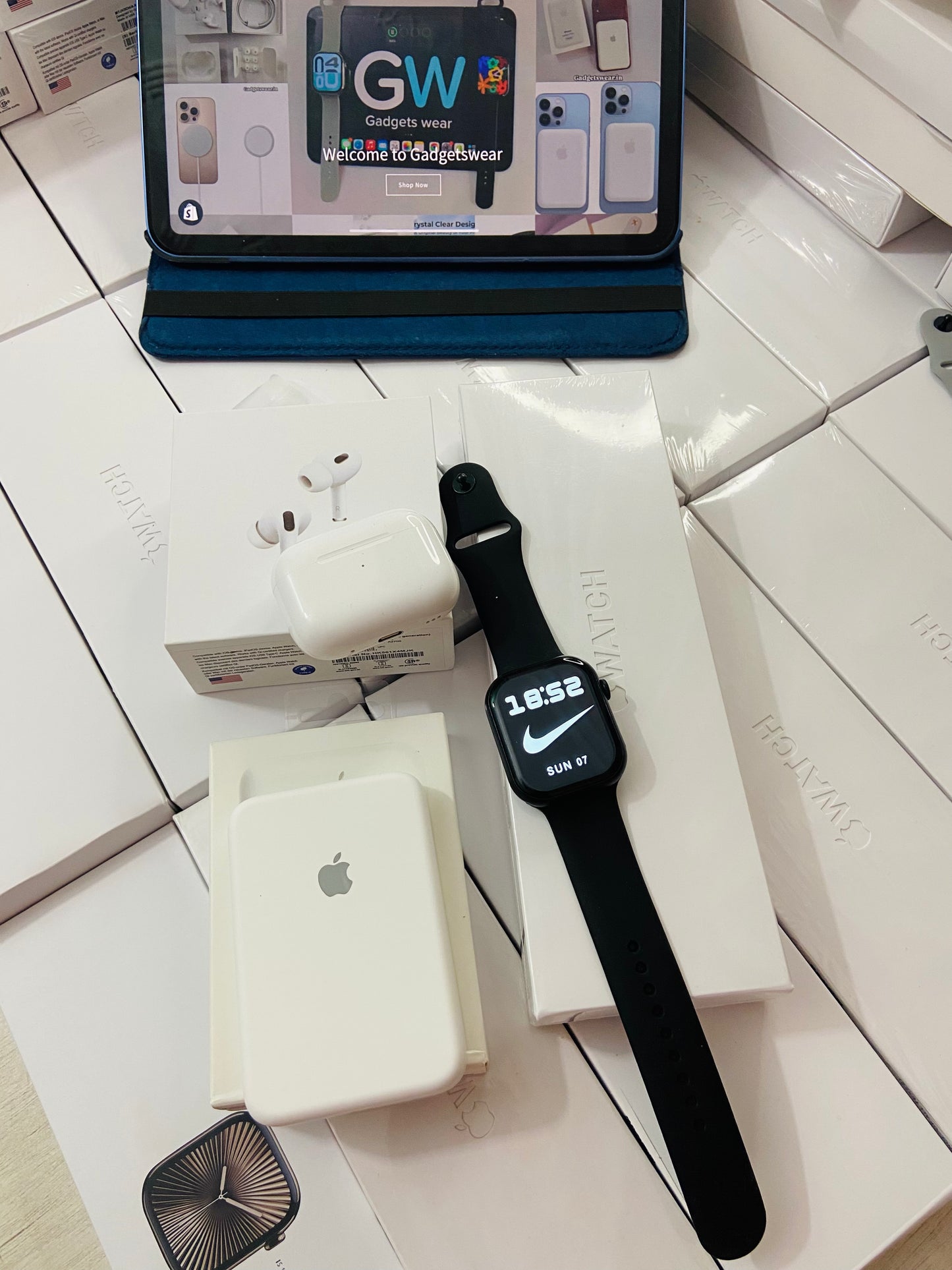 Combo 3in1:- Airpods pro 2nd Generation + Apple MagSafe Battery pack (5000Mah) + series 10 watch with 2 strep and wireless charger with(1 year warranty)