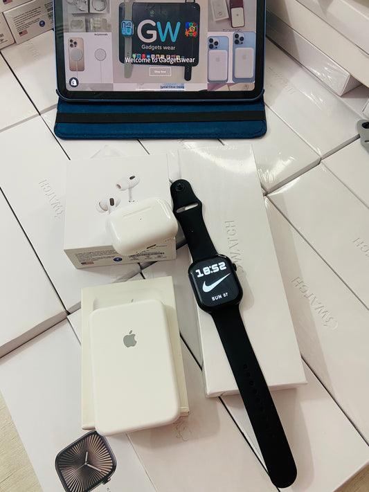 Combo 3in1:- Airpods pro 2nd Generation + Apple MagSafe Battery pack (5000Mah) + series 10 watch with 2 strep and wireless charger with(1 year warranty)